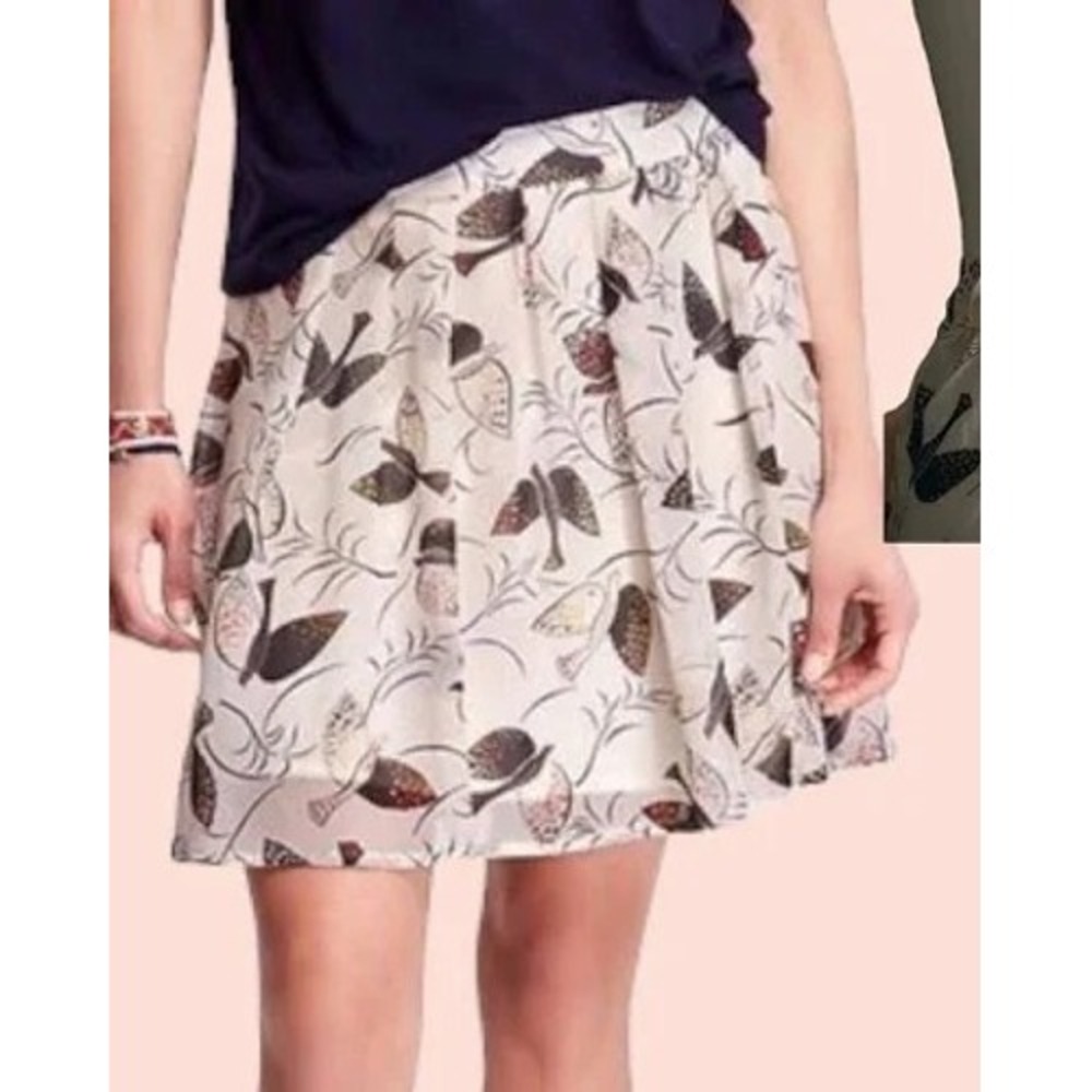 OLD NAVY M White‎ Bird Print Pleated Mini Skirt Lined Whimsy Flowy Chiffon